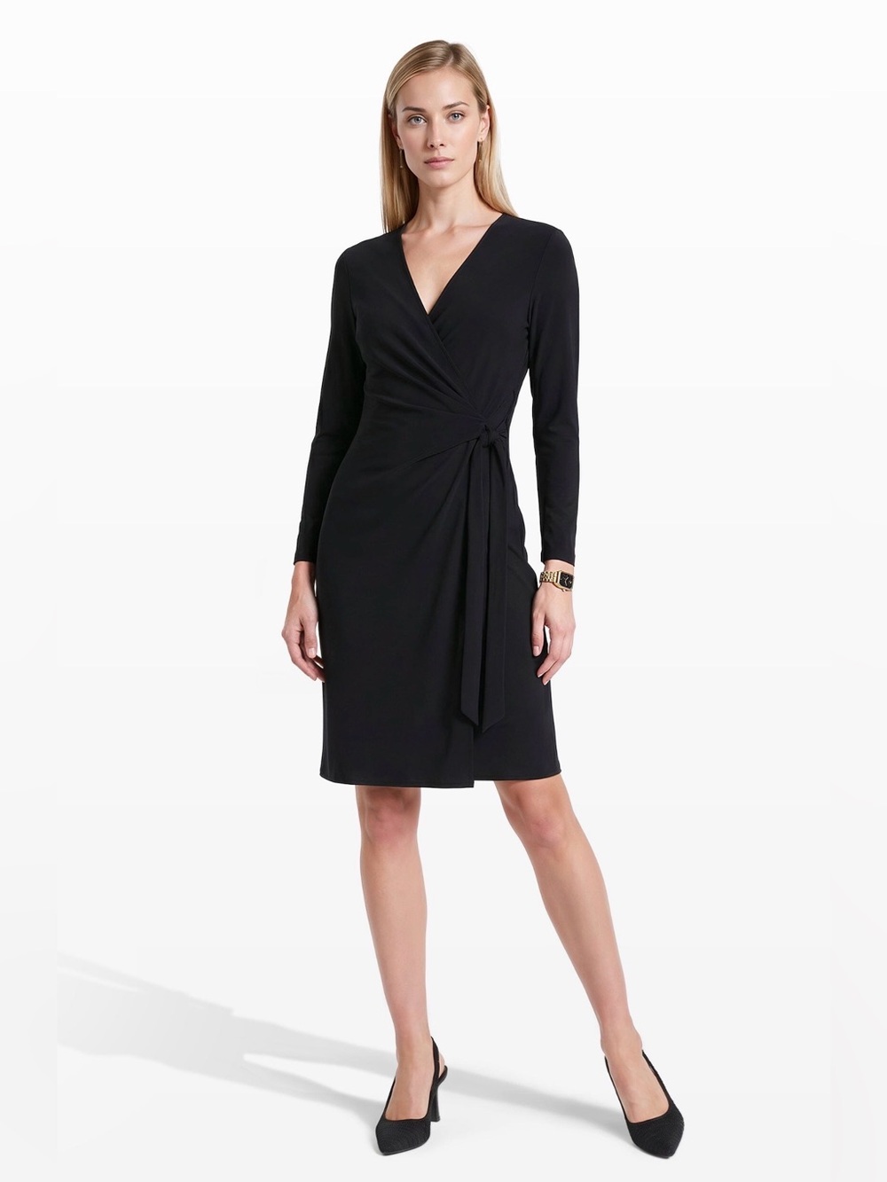 Anne Klein Black Faux Wrap Midi Dress XL NWT Long Sleeve Rosette Detail